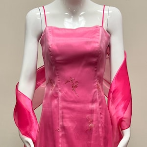 1990's Pink Gradient Prom Dress With Floral Glitter Details And Lace Up Back