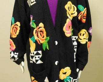 1980's Vintage Cardigan Embroidered with Large Flowers New With Tags
