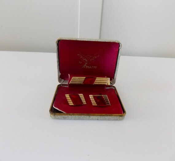 Boutons De Manchette Et Cravate Tac Années 70 Strass Dorés Rouges Anson - Occasion