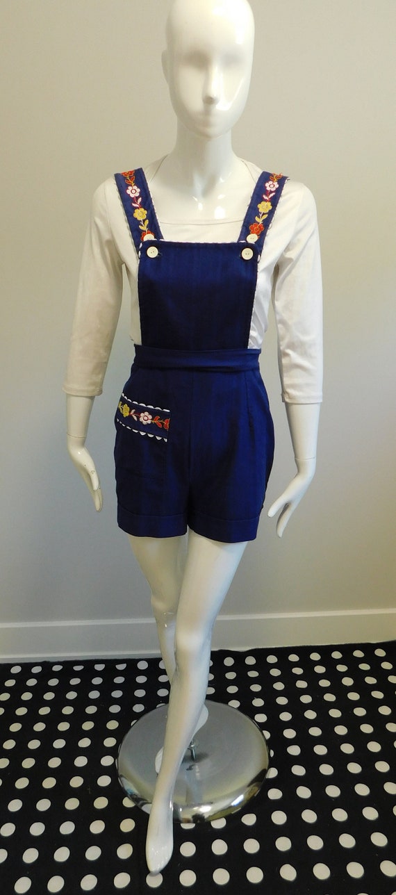 1970's Embroidered Shortall Bibbed Hot Pants - image 1