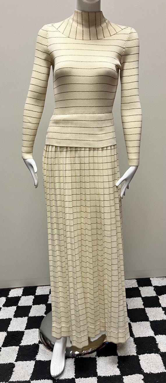open lace back dress Pleated Knit Maxi Dress - Long Sleeve Ribbed Mock Neck Sweater Gown in  Cream | A-Line Winter Formal & Casual Elegant Fit main image 1