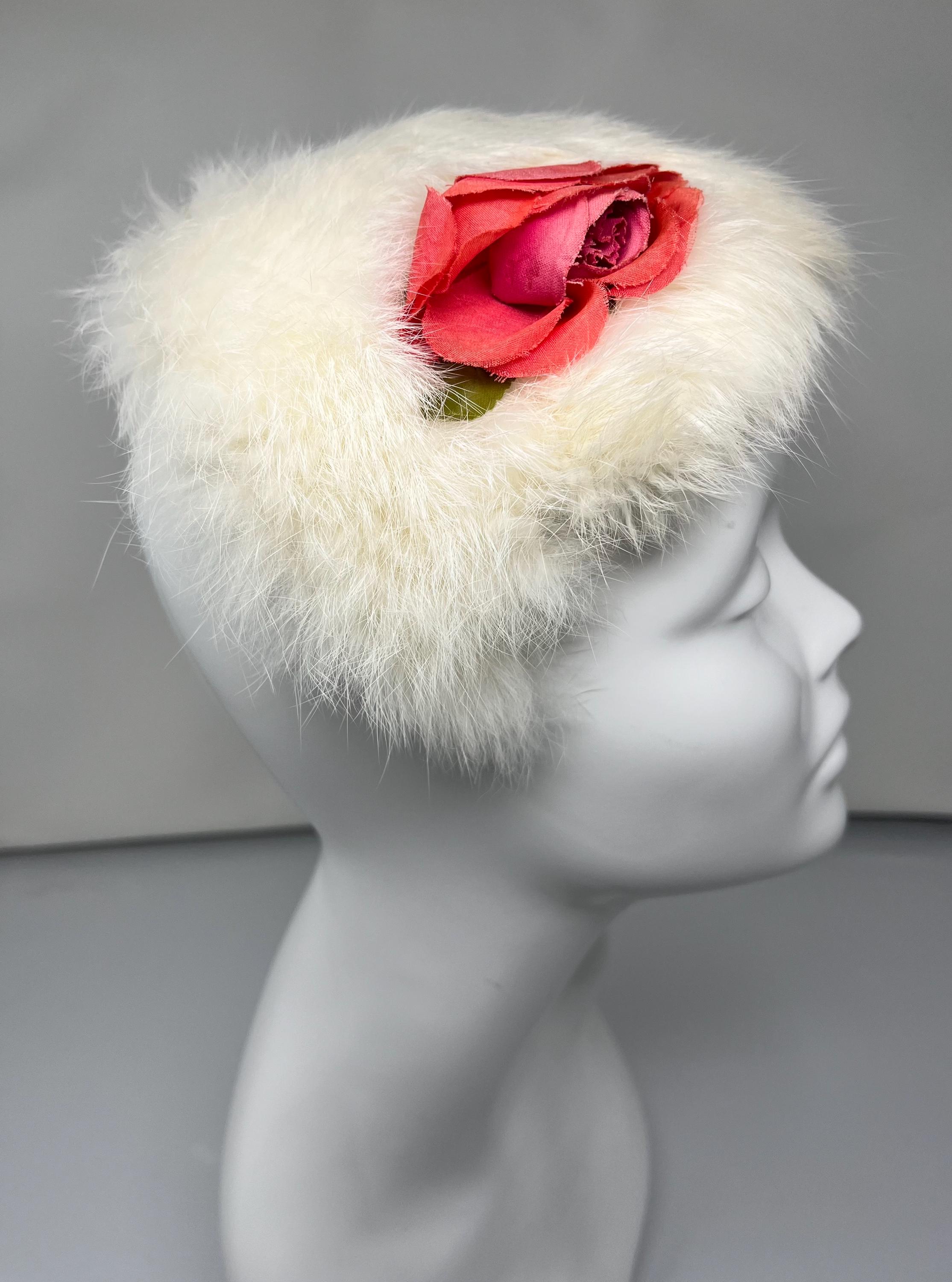 1950\'s White Fur Crescent Hat with Pink Rose 1950s Roses and Flowers Crescent Shape Headband Headpiece  main image 3