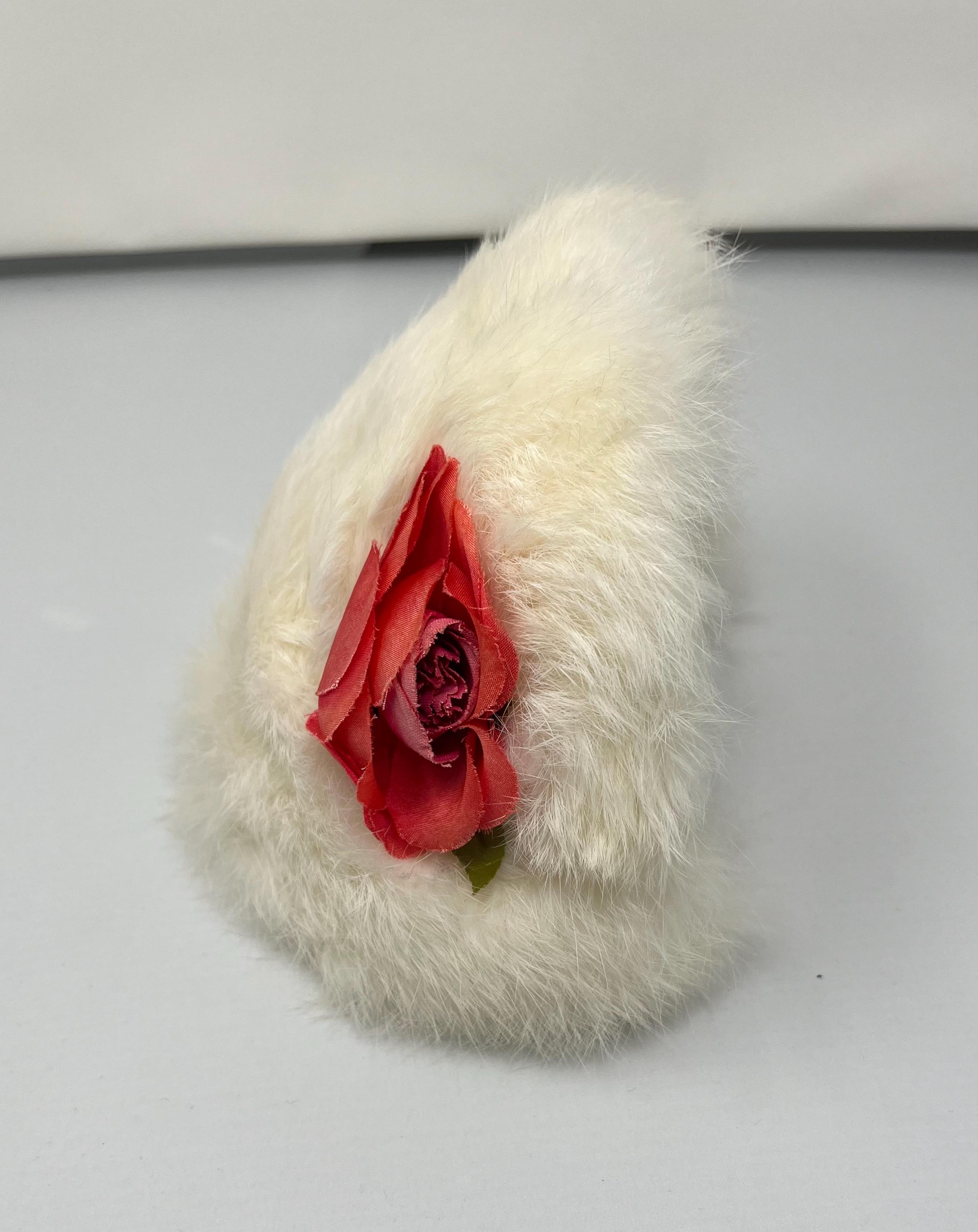 1950\'s White Fur Crescent Hat with Pink Rose 1950s Roses and Flowers Crescent Shape Headband Headpiece  main image 4