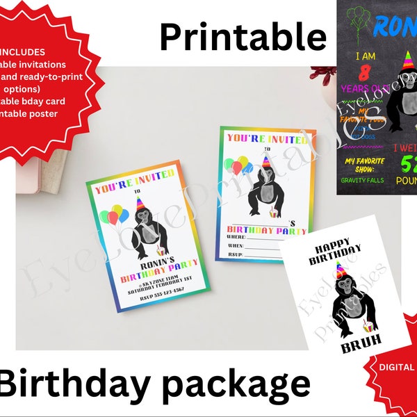 GORILLA TAG inspired printable birthday kids bundle invitations poster and card digital file with editable template