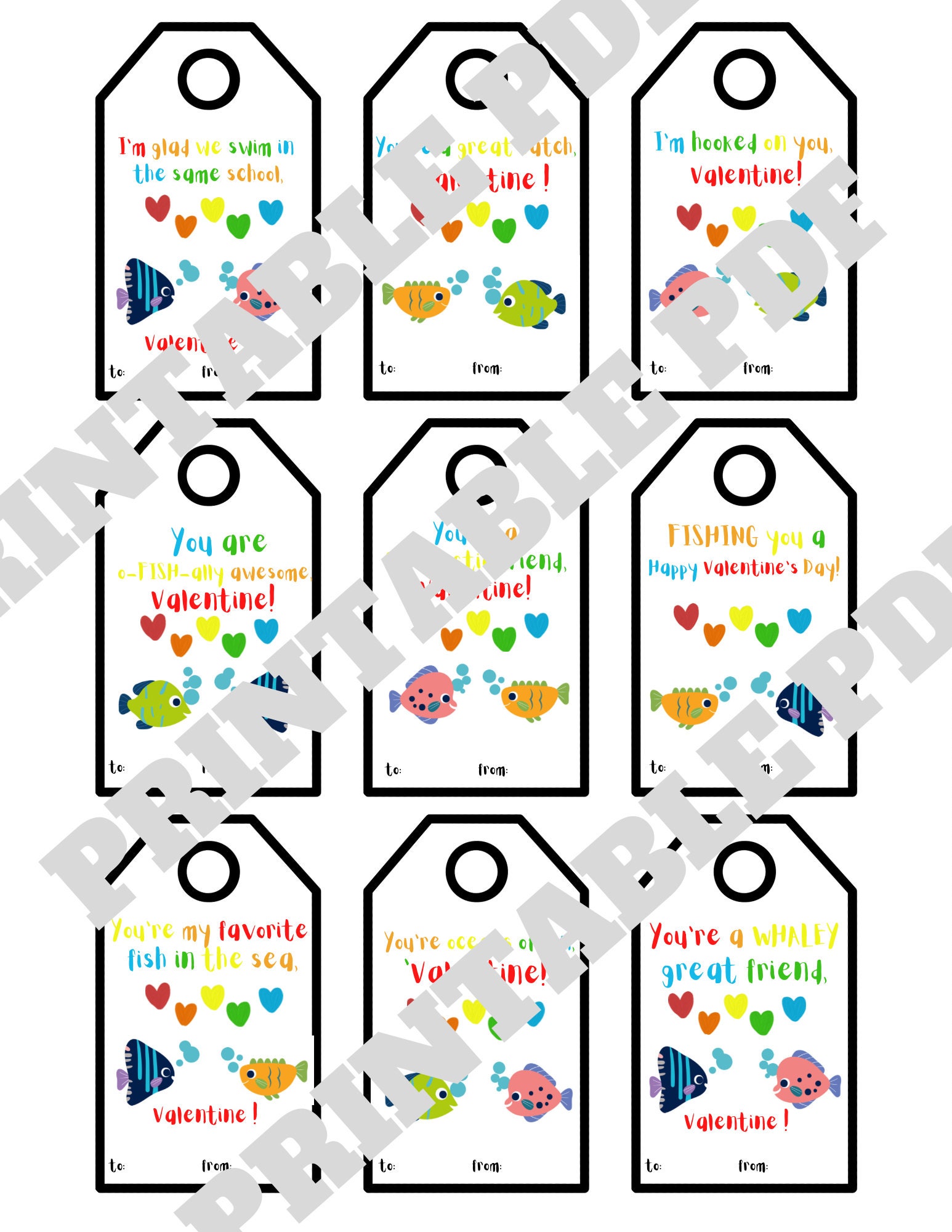 Kids Printable Fish Valentine Card Gift Tags for Goldfish Crackers or Swedish Fish Candy for ...