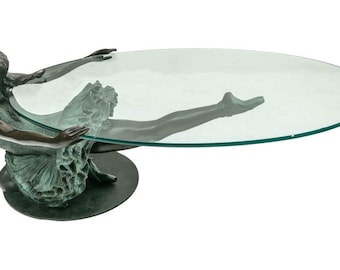 Stunning bronze figural ballerina coffee centerpiece table w heavy glass top