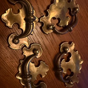 Könnte beinhalten: Vier verzierte Messing-Schrankgriffe mit komplizierten Designs. Jeder Griff hat einen gebogenen Griff und eine dekorative, blumenartige Form.