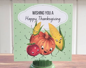 Cute Retro HAPPY THANKSGIVING Cards, Kitschy Anthropomorphic Vegetables - Set of 8 (envelopes included)