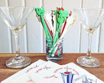 Mid Century Retro Cocktail Bar Bundle, Etched Martini Glasses, Swizzle Sticks