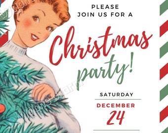 Personalized Custom CHRISTMAS PARTY Invitation, Kitschy Holiday Greetings, Tree Trimming 1950s - Printable Digital Download