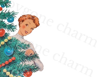 Vintage RETRO HOUSEWIFE w/ Christmas Tree Clip Art, Kitschy Holiday Greetings, 1950s - DIY Printable Digital Download
