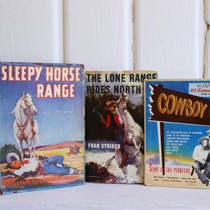 Retro Cowboy Books & Record, Country Western Kitsch, Lone Ranger, Sleepy Horse Range, Vintage Book Set image 1