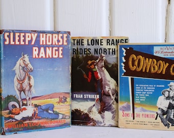 Retro Cowboy Books & Record, Country Western Kitsch, Lone Ranger, Sleepy Horse Range, Vintage Book Set