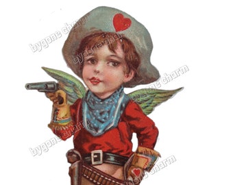 VALENTINE CUPID COWBOY, Antique Valentine Printable Card, Clip Art Digital Download