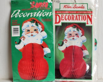 Vintage Christmas HONEYCOMB SANTA Paper Centerpiece, Retro Kitschmas NOS - Set of 2