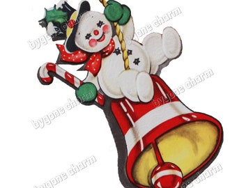 Vintage SWINGING SNOWMAN on Christmas Bell Clip Art, Kitschy Holiday Greetings, 1950s - DIY Printable Digital Download