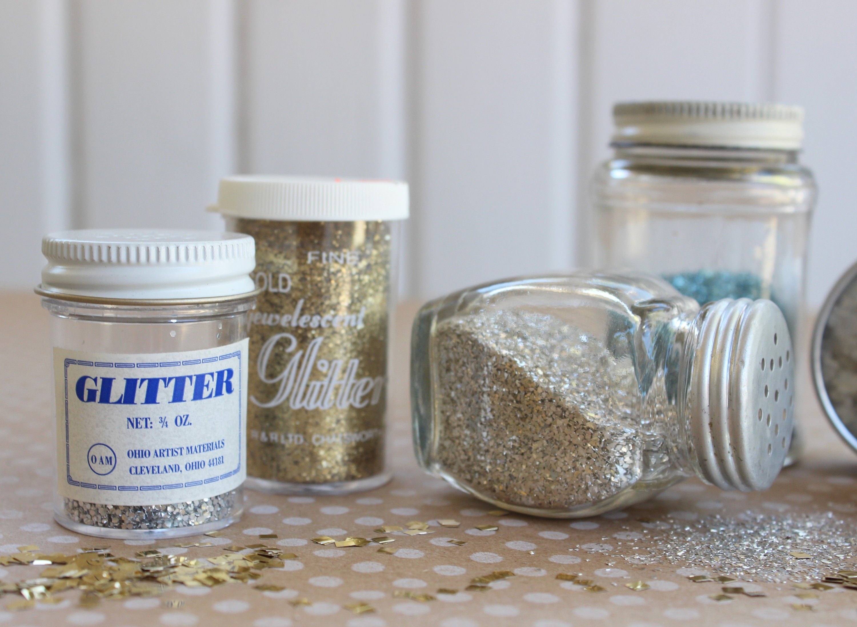 Collection Vintage GLITTER, German Glass Glitter, Mica Flakes, Silver, Gold