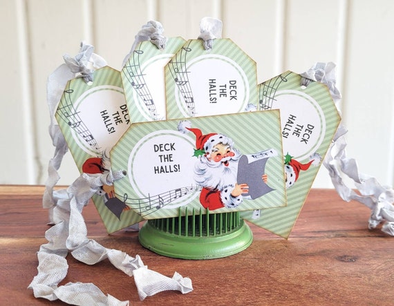 Kitschy SINGING SANTA Gift Tags, Deck the Halls, Vintage Style Christmas - Set of 5