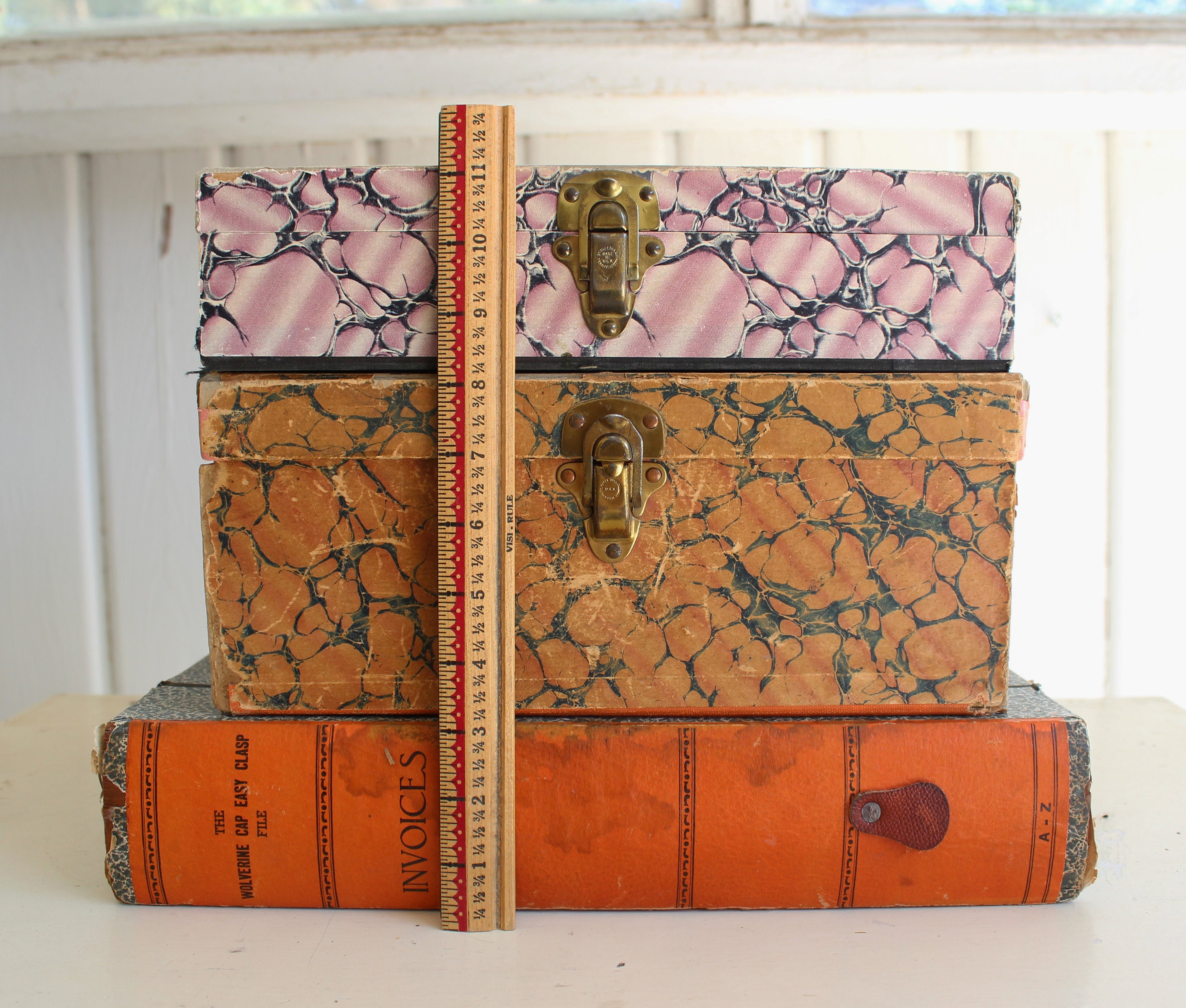 Set of Vintage Desk Organizers with Leather & Metal Details, Art Deco