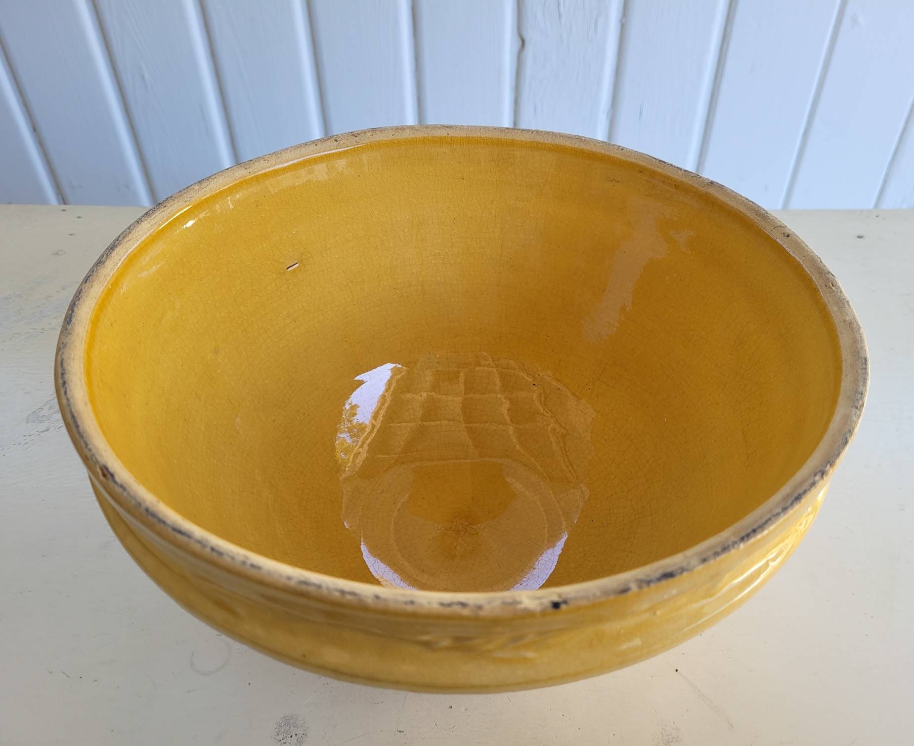 Rare Vintage LARGE YELLOW Pottery Bowl, Footed Windowpane McCoy Bowl