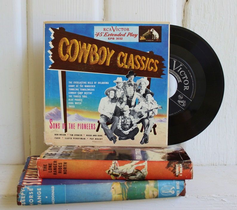 Retro Cowboy Books & Record, Country Western Kitsch, Lone Ranger, Sleepy Horse Range, Vintage Book Set image 2