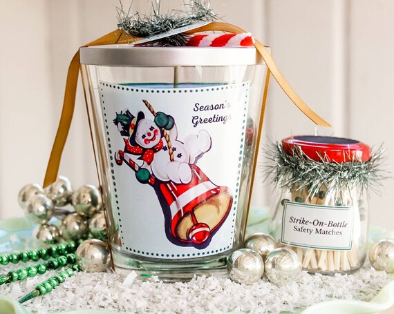 Kitschy CHRISTMAS CANDLE & Matches Gift Set, Cute Swinging Snowman - Pine Scent