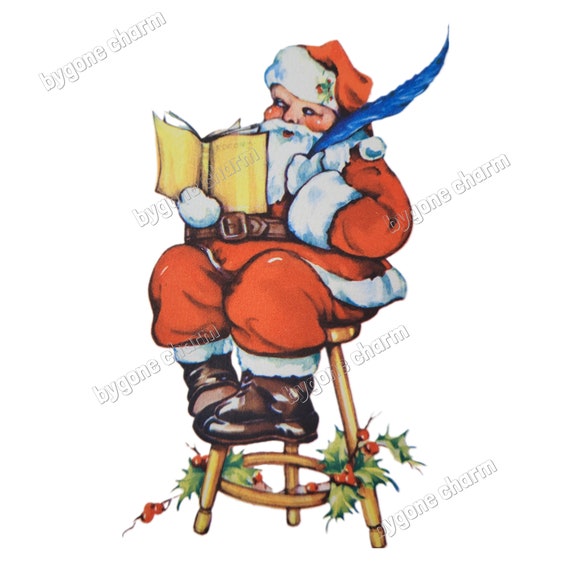 Vintage SANTA Working on His List Clip Art, Kitschy Holiday Greetings, 1940s - DIY Printable Digital Download