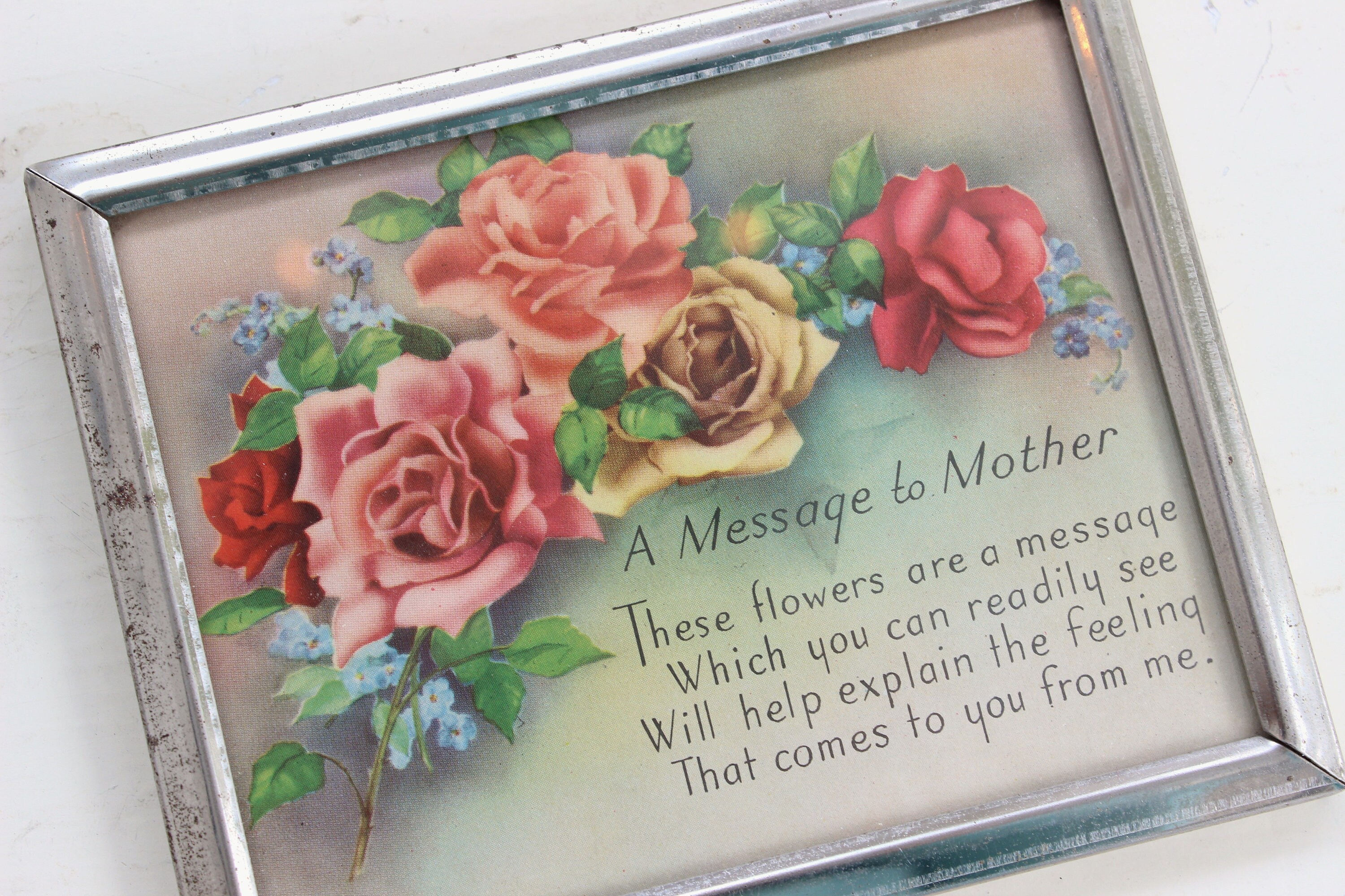 Lovely Vintage MOTHER Poem Print in Tarnished Silver Frame (1940's