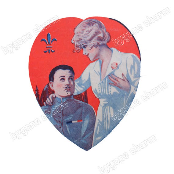 Vintage Valentine Heart Clip Art, French Nurse & Soldier, Fleur De Lis,DIY Printable Digital Download