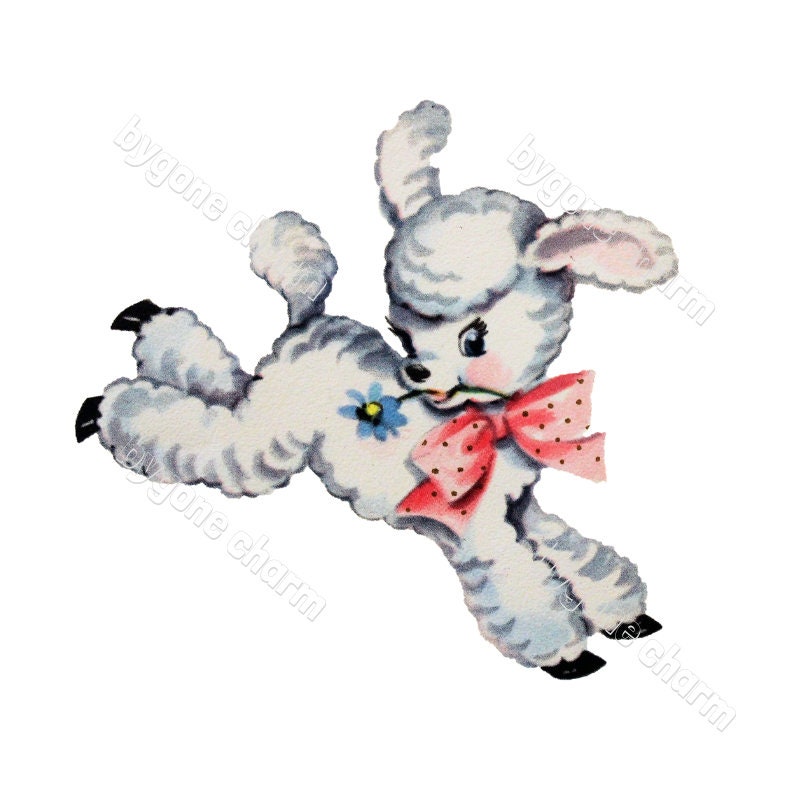 Vintage Easter LAMB w/ PINK BOW Clip Art - Printable Digital Download