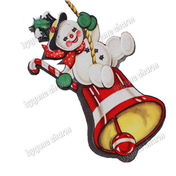 Vintage SWINGING SNOWMAN on Christmas Bell Clip Art, Kitschy Holiday Greetings, 1950s - DIY Printable Digital Download