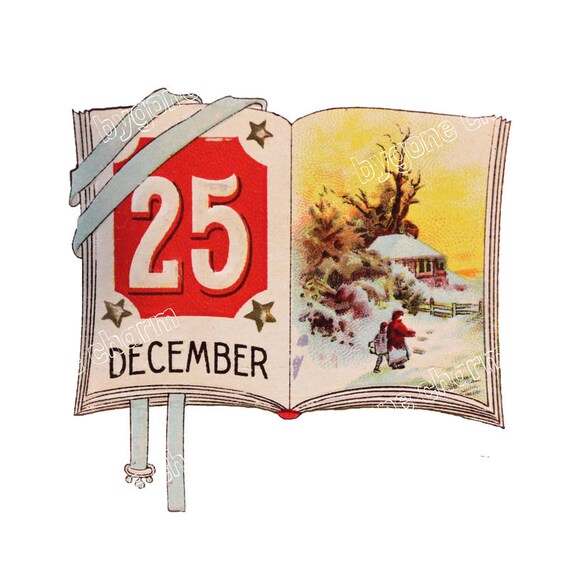 Antique CHRISTMAS CALENDAR Date December 25th, DIY Clip Art, Antique Printable Digital Download