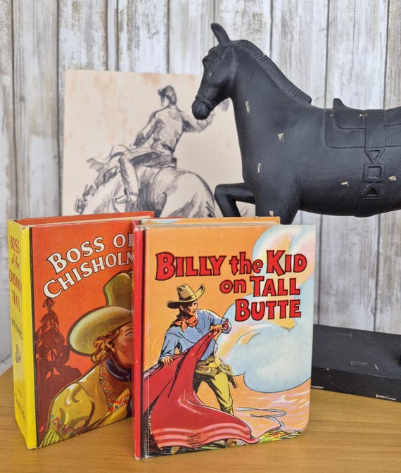 Vintage 1939 BIG LITTLE BOOKS Set - Boss of the Chisholm Trail & Billy the Kid on Tall Butte - Colorful Western Cowboy Classics