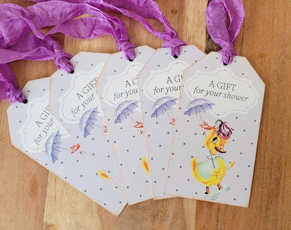 Cute BABY SHOWER Gift Tags, Duck w Parasol Vintage Style - Set of 5