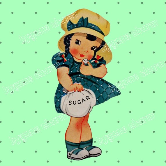 Vintage Valentine Printable Card, Cute Girl with SUGAR CUBES, Clip Art Digital Download