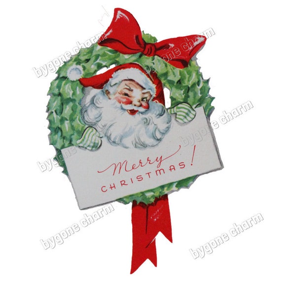 Vintage WINKING SANTA in Christmas Wreath Clip Art, Kitschy Holiday Greetings, 1950s - DIY Printable Digital Download