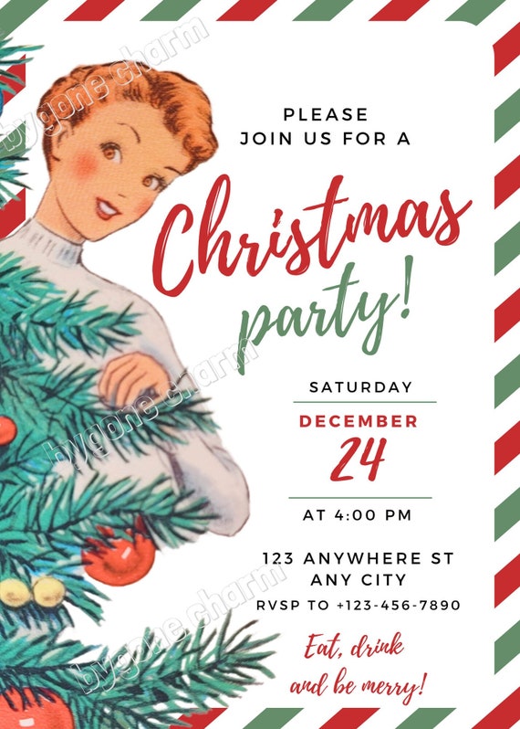 Personalized Custom CHRISTMAS PARTY Invitation, Kitschy Holiday Greetings, Tree Trimming 1950s - Printable Digital Download