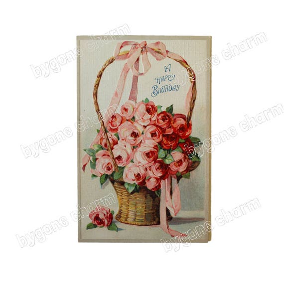 Shabby Chic Pink Roses Flower Basket, Antique Happy Birthday, DIY Clip Art, Printable Digital Download