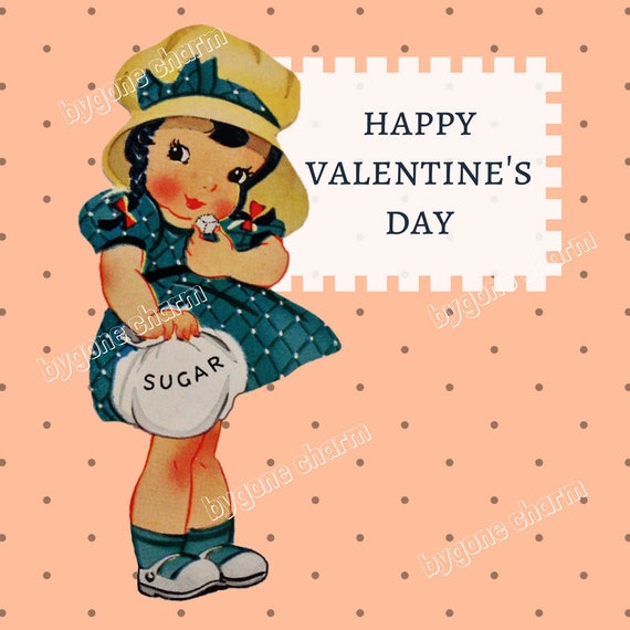 Vintage Valentine Printable Card, Cute Girl with SUGAR CUBES PINK, Clip Art Digital Download