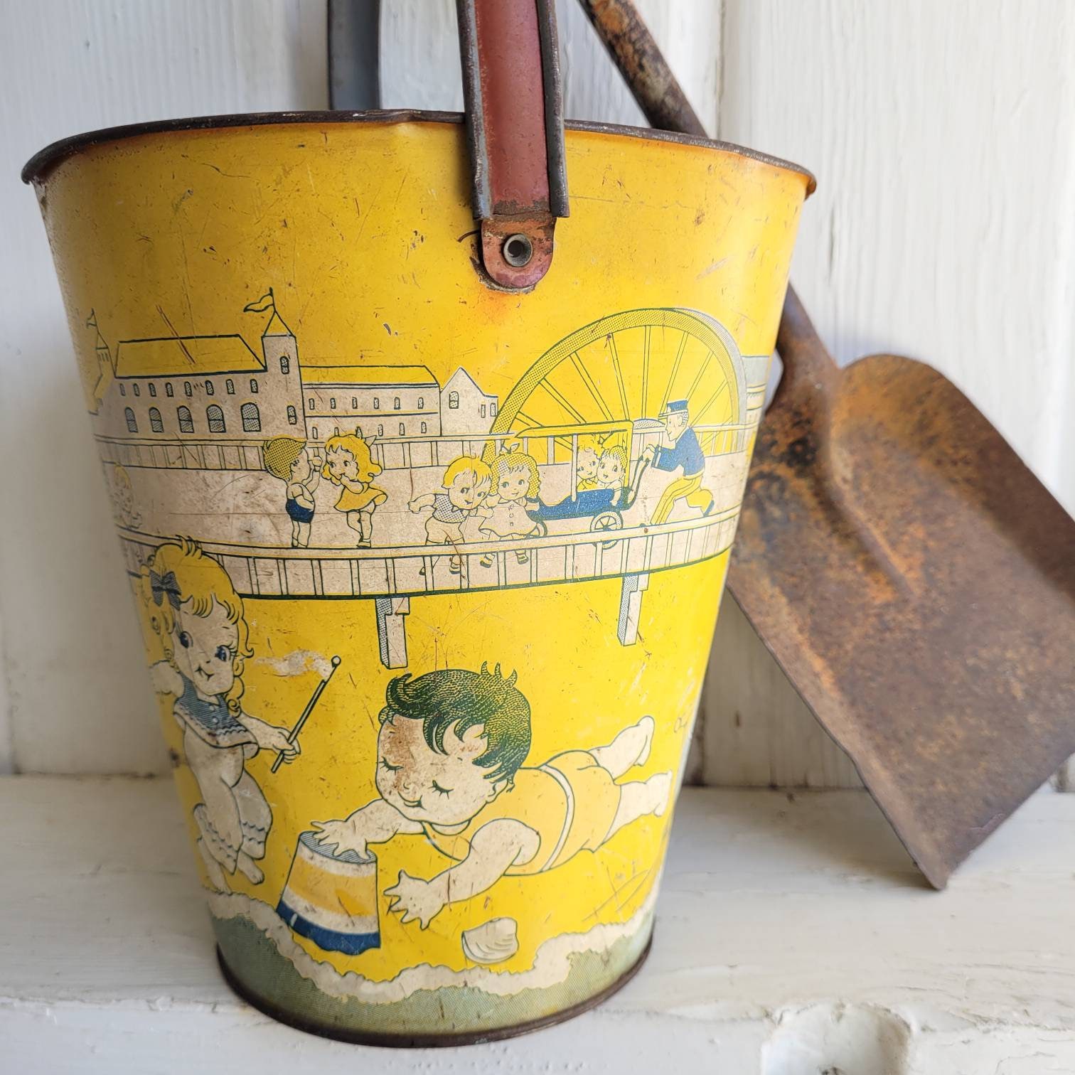 Cute Vintage Metal BEACH BUCKET & SHOVEL, Chippy Children's Toys