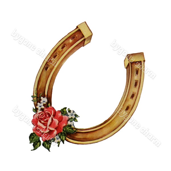Vintage GOOD LUCK Horseshoe & Roses Clip Art, Congratulations, Best Wishes - DIY Printable Digital Download