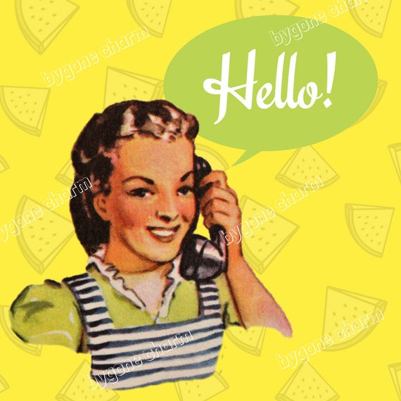 Vintage HELLO Printable Card, Cute Retro Housewife on Telephone, Clip Art Digital Download