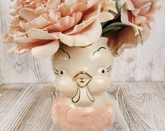 Vintage CERAMIC CHICK Milk Pitcher Pink & Gold, Kitschy Mid Century Decor, Easter Chick Planter