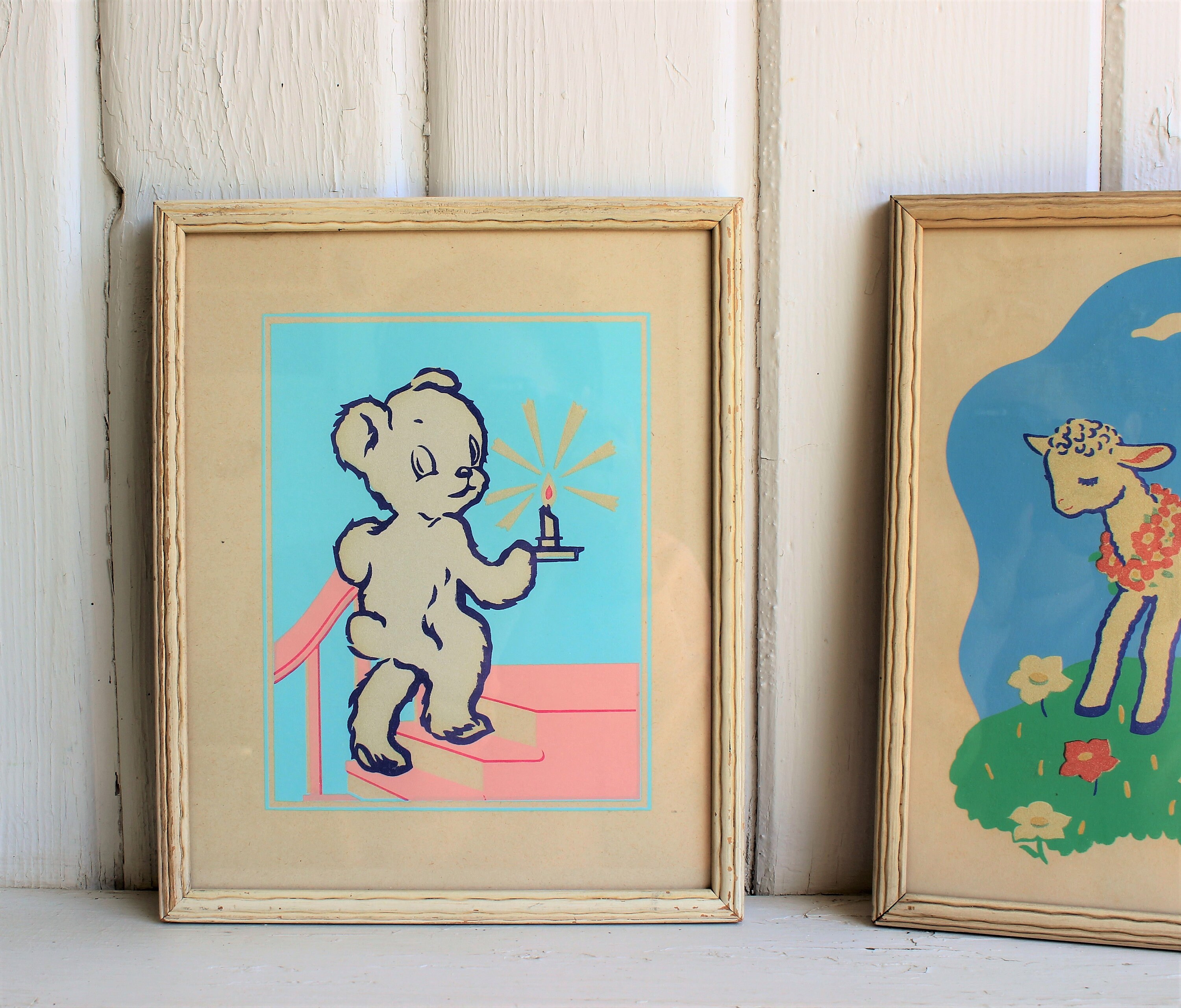 Pair of Vintage Nursery Prints in Original Frames, 1940's Magic Picture Glow in the Dark