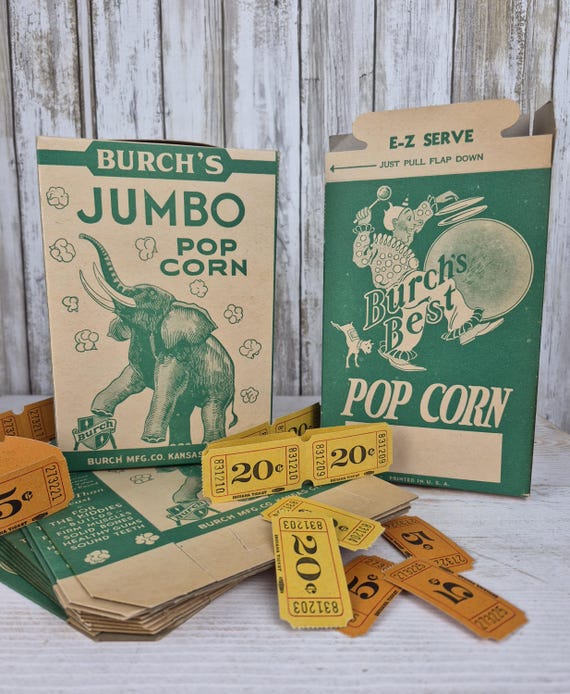 Rare Vintage POPCORN BOXES & Prize Tickets Lot - Jumbo Elephant, Clown - Unused Vintage Advertising