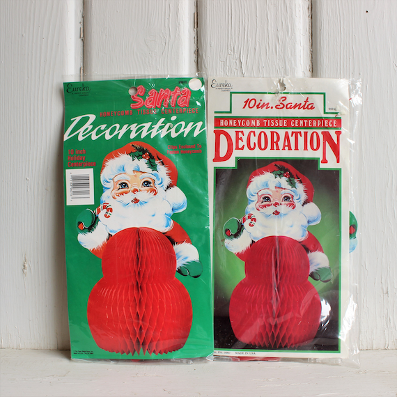 Vintage Christmas HONEYCOMB SANTA Paper Centerpiece, Retro Kitschmas NOS - Set of 2