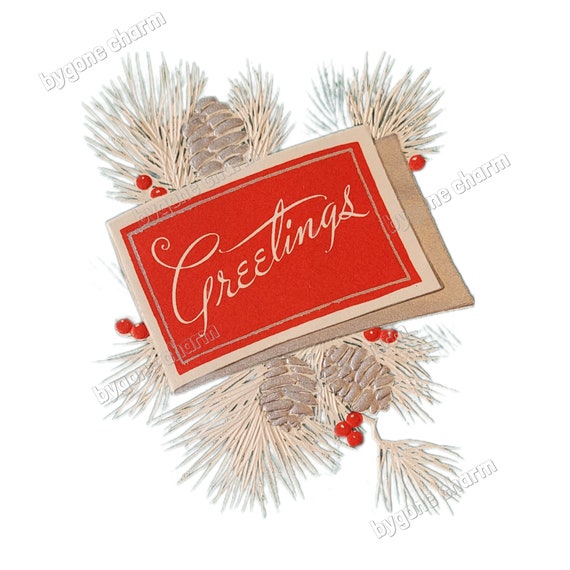 Vintage Christmas GREETINGS with Pine Cones & Red Berries Clip Art, Kitschy Holiday Greetings, 1940s - DIY Printable Digital Download