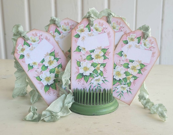 Lovely Vintage Flower PINK/WHITE Gift Tags, Wedding Anniversary Birthday - Set of 5