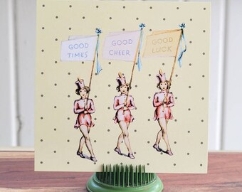 Vintage Style GOOD LUCK Cheerleader Cards, Marching Band - Set of 8 (envelopes included)