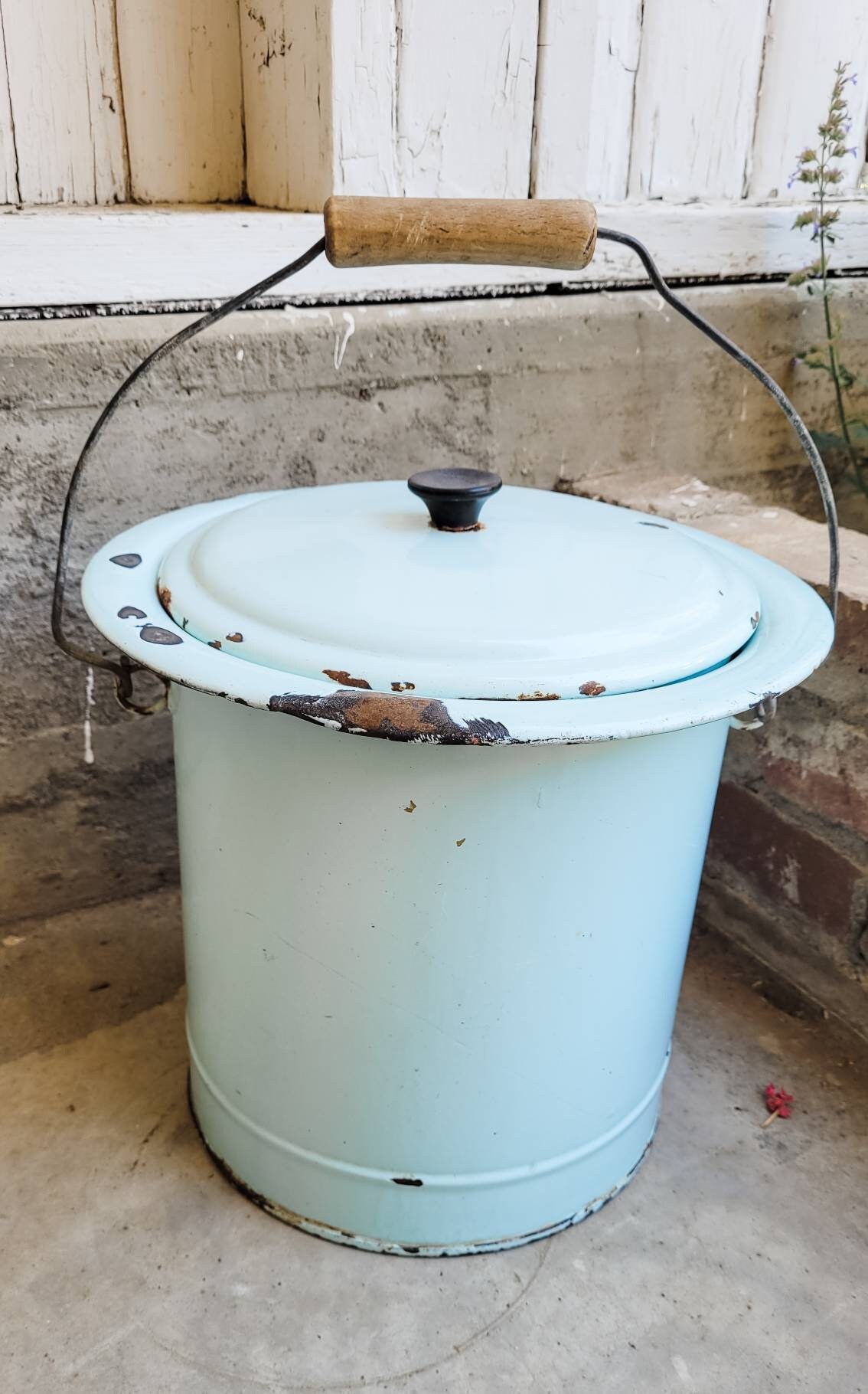 Large Antique FRENCH ENAMELWARE Bucket w Lid and Wood Handle, Robin's